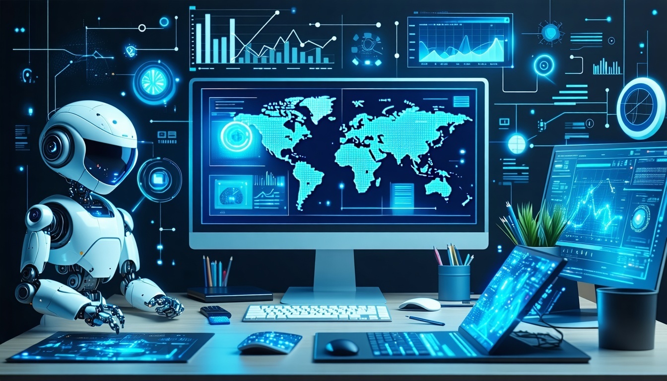 A futuristic digital marketing workspace with AI e